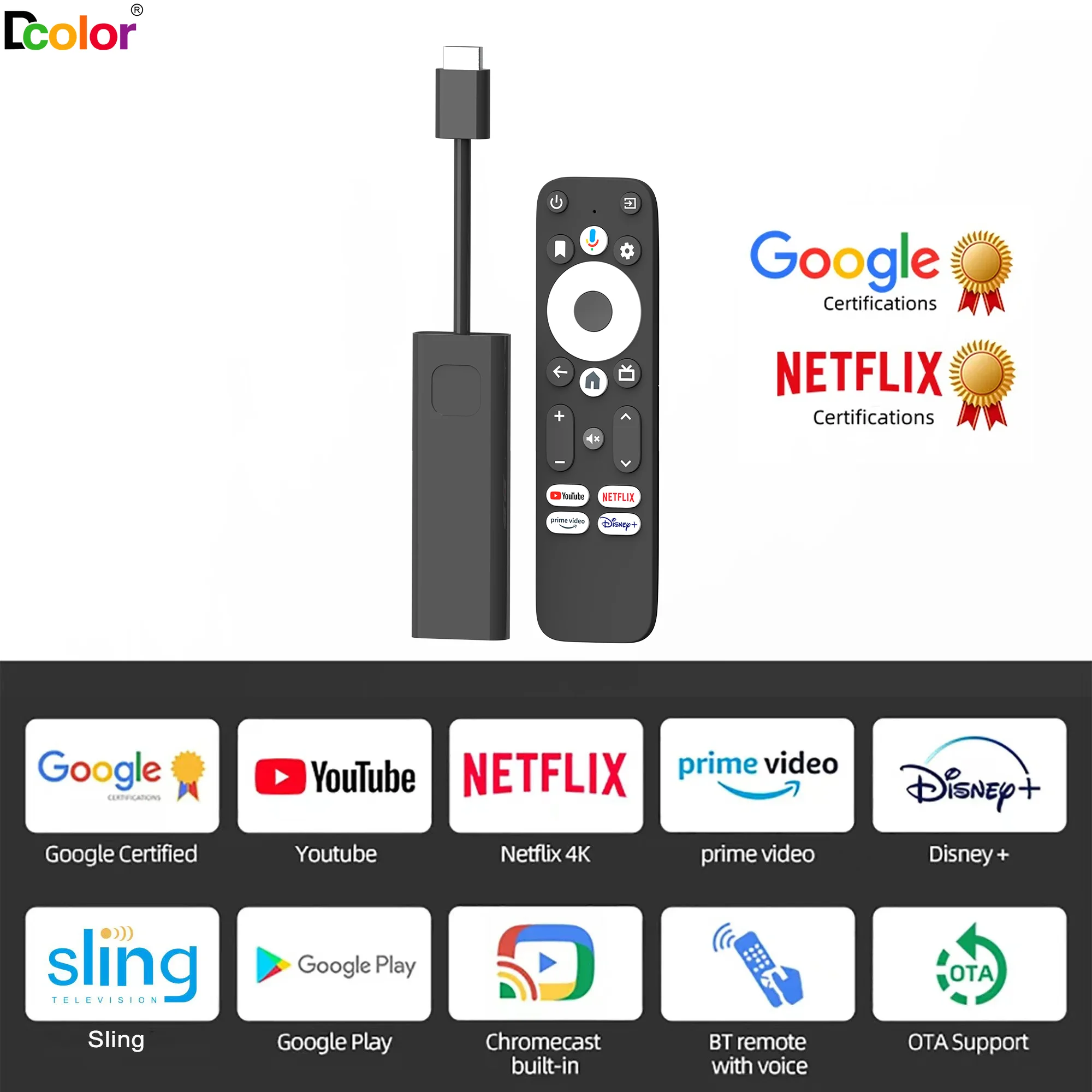 جهاز استقبال Dcolor GD1 Google and netflix المعتمد 4K Smart Android TV Stick مع Amlogic S905Y4 2GB + 16GB يدعم Wi-Fi ثنائي النطاق 2.4G/5G