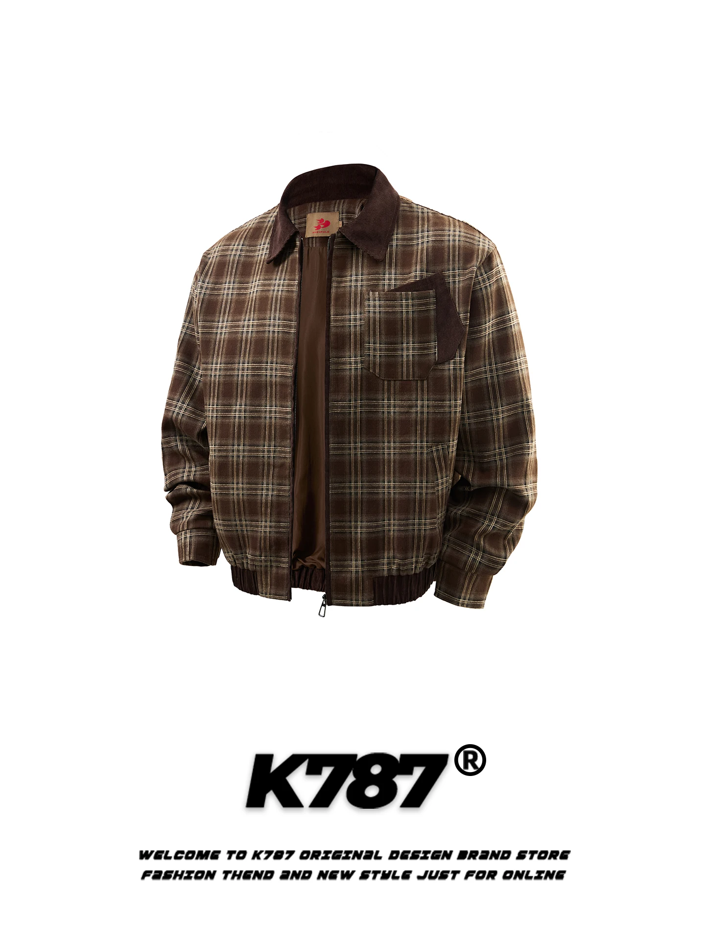 

K787 American Retro Plaid Splicing Collar Jaet Loose Casual ex Spring Commute Workwear Outerwear Warmth Youth Faion