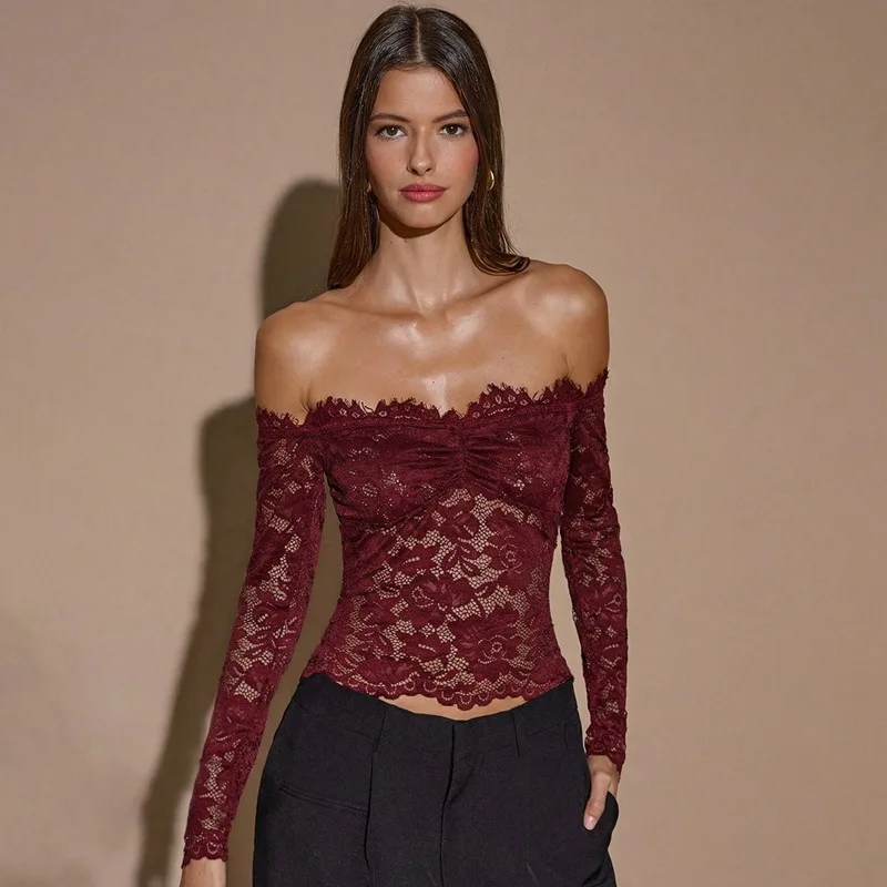 Women's 2026 Spring New Product One-word Collar Off-shoulder Lace Slim-fitting Top