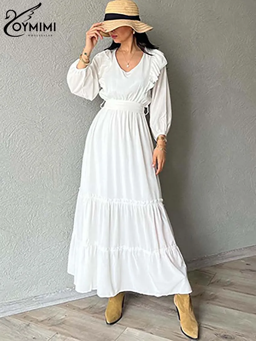 

Oymimi Fashion White O-Neck Womens Dresses Elegant Wrist Sleeve Ruffled Lace-Up Dresses Casual Pleated Ankle-Length Dress Female