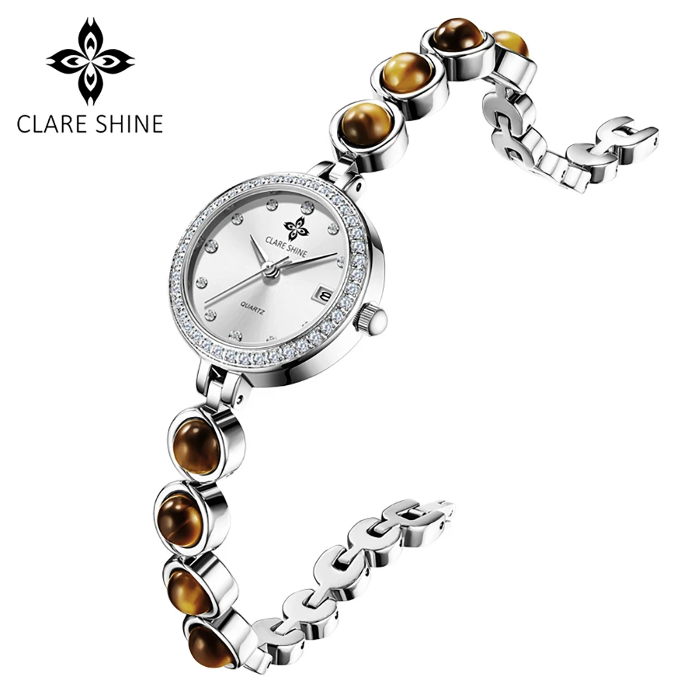 CLARE SHINE Women's Quartz Wristwatch Necklace Gifts Box Sets Top Luxury Diamond Bezel Turquoise Watch Chain Ladies Dress Watch