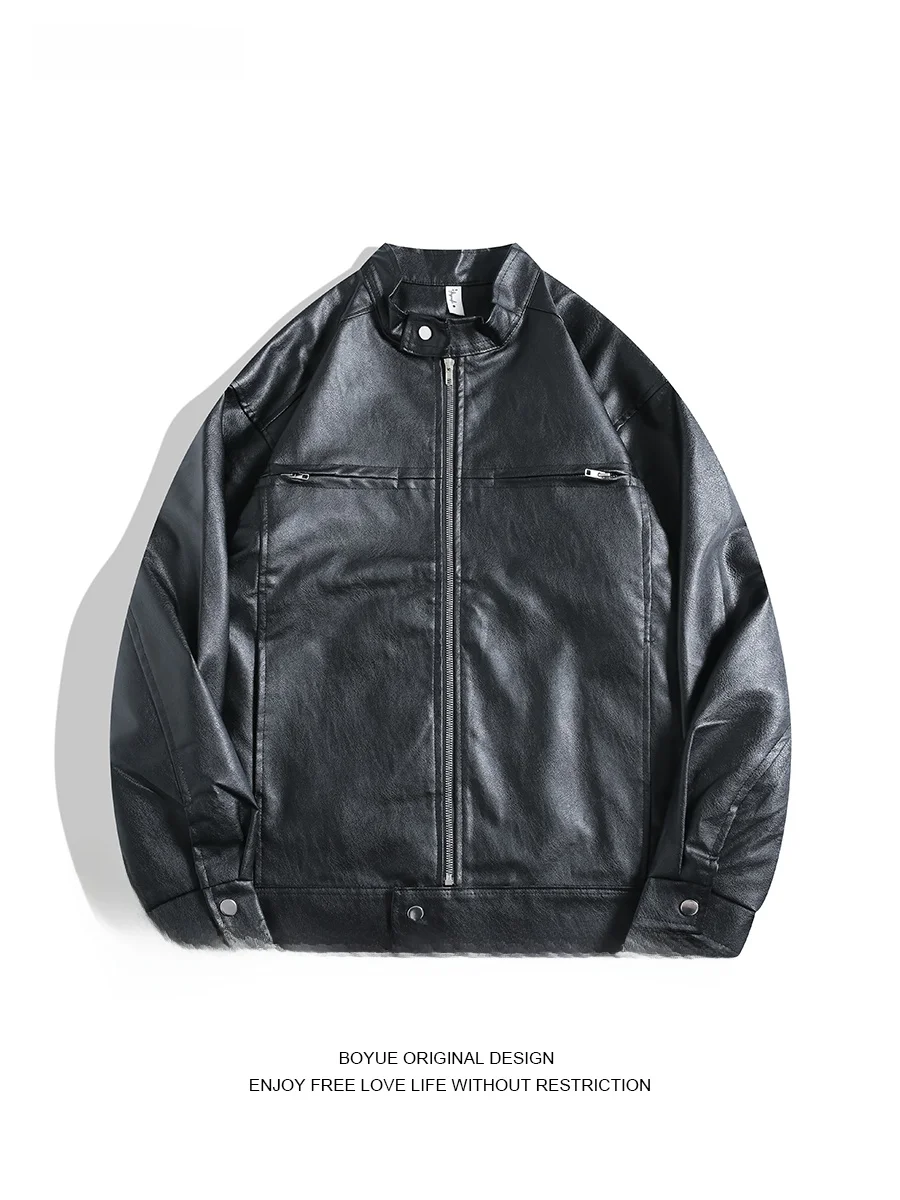 

Boyue American Street Sle Zipper Motorcycle Leather Jaet Men's Versatile Stand Collar Haome Trendy Casual Outerwear