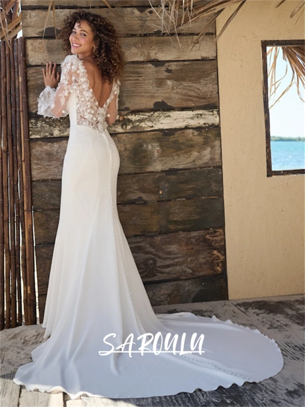 illusion Back Mermaid Wedding Dress With Off Shoulder Sleeves, Lace Tulle Bride Dress, Customizable Women Bridal Gown