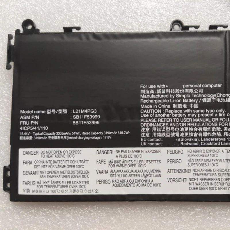 L21L4PG3 L21M4PG3 L21C4PG3 L21D4PG3 Laptop Battery 15.44V 51Wh 3305mAh For Lenovo SB11F54002 5B11F54001 SB11F53999 5B11F53996