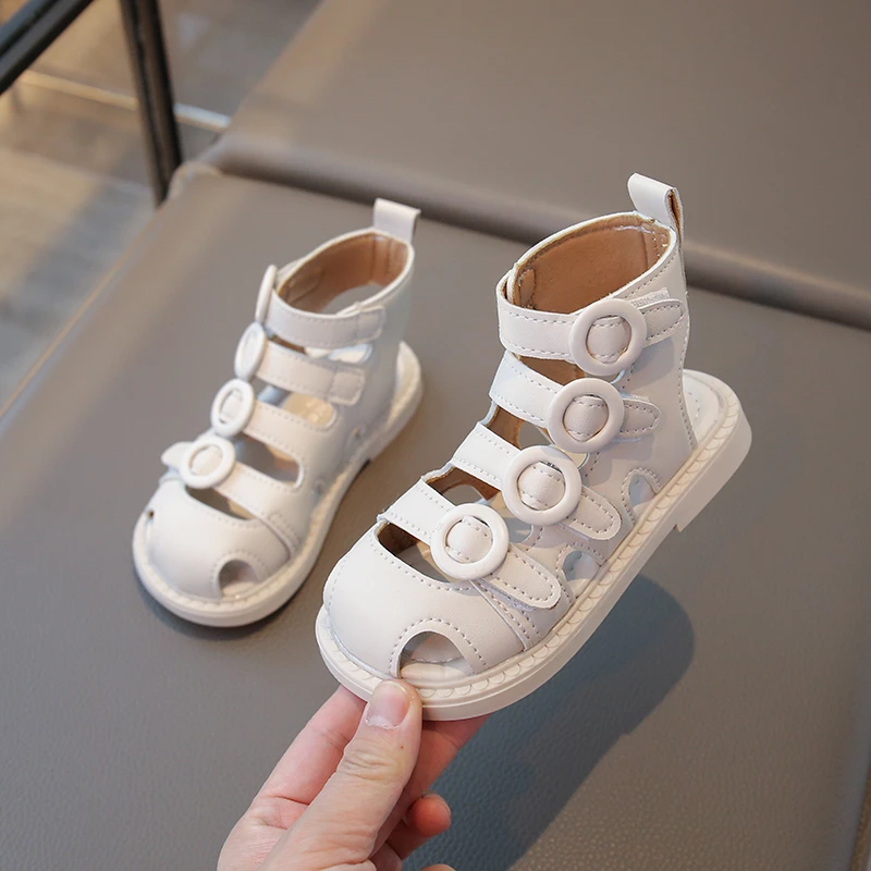 Boys Girls Closed Toe Sandals Summer Anti-Collision Roman Shoes Kids Breathable Mesh Leather Straps Casual Beach Shoes