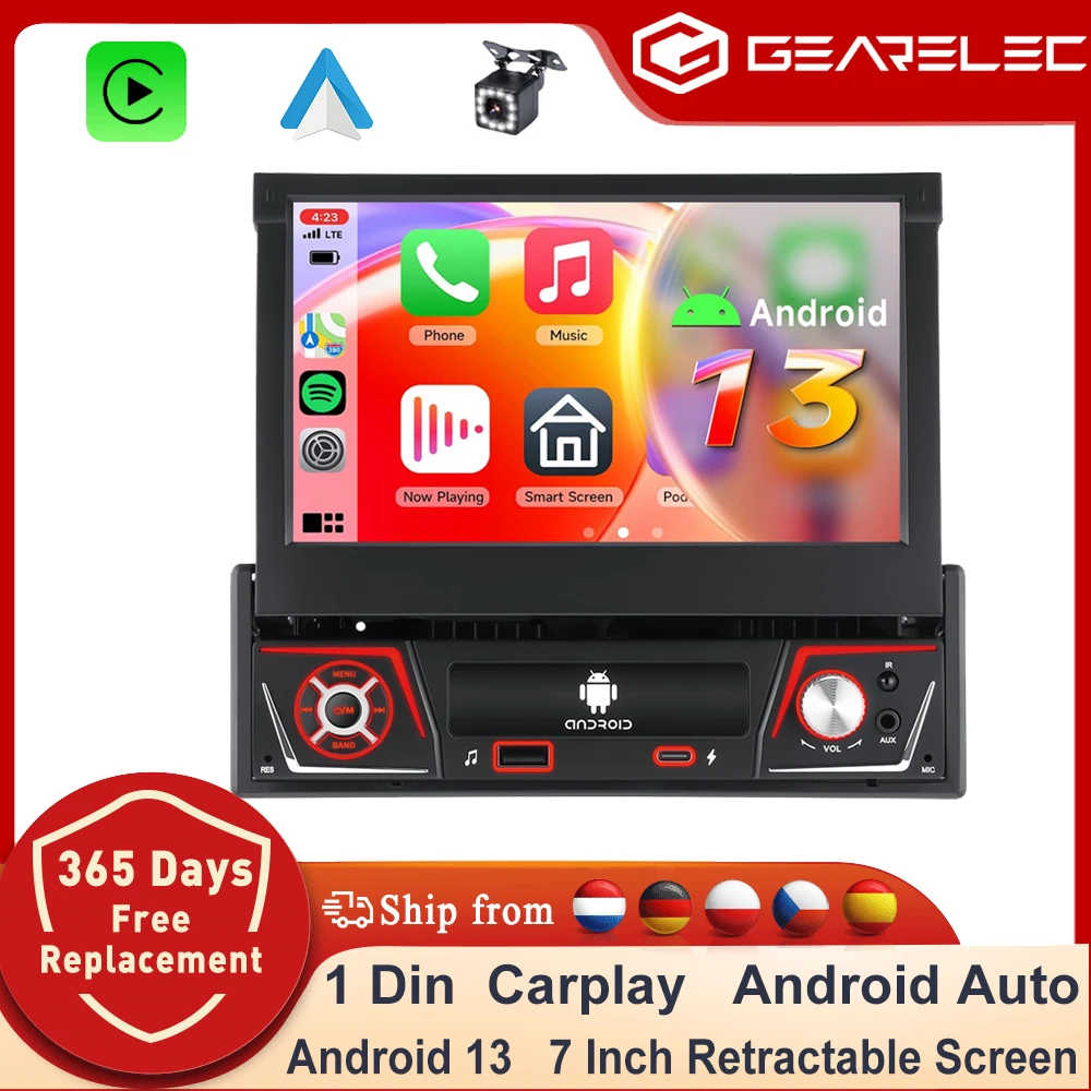 Autoradio 1 Din Android 13 Carplay Android Auto 7 IPS Schermo retrattile Audio Stereo WIFI GPS FM RDS Lettore video per auto