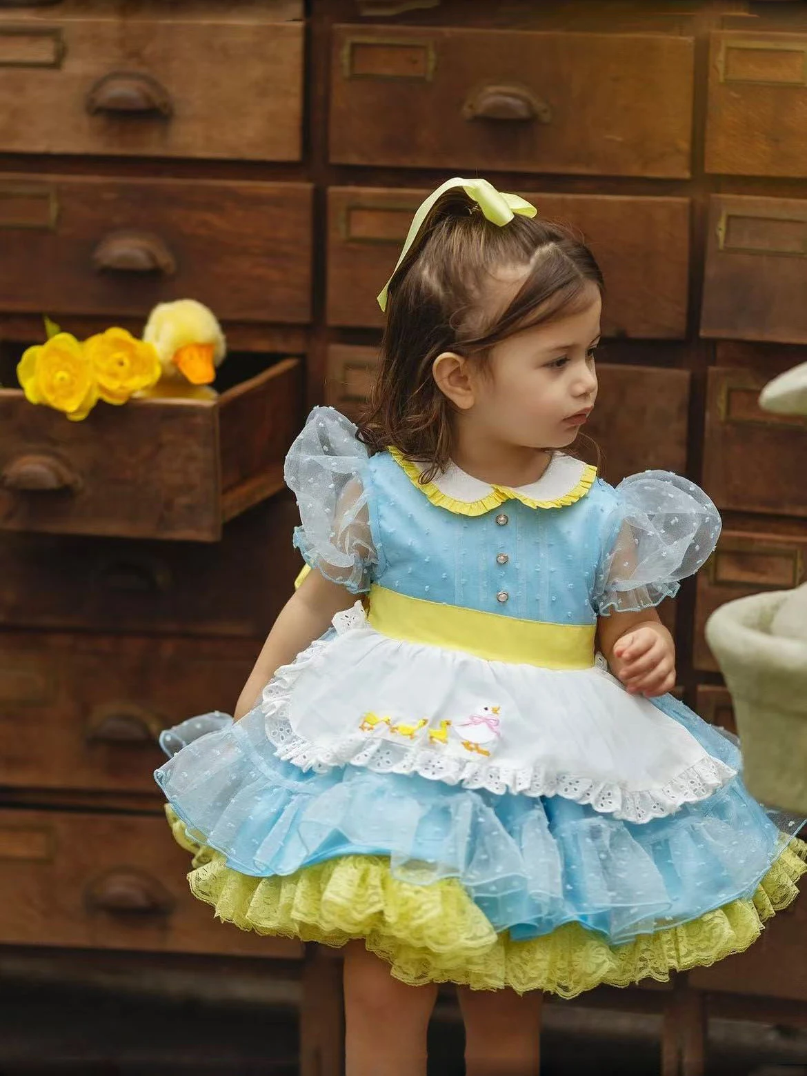 

Baby Girl Summer Ducks Embroidery Blue Yellow Mesh Turkish Dress for Birthday Holiday Photography Eid Party Casual B252