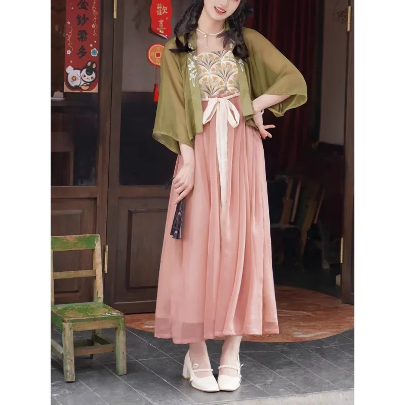 Robe à bretelles Hanfu imprimée de fleurs roses pour femmes, cardigan brodé vert, original, élégant, style chinois, cosplay Hanfu trempé