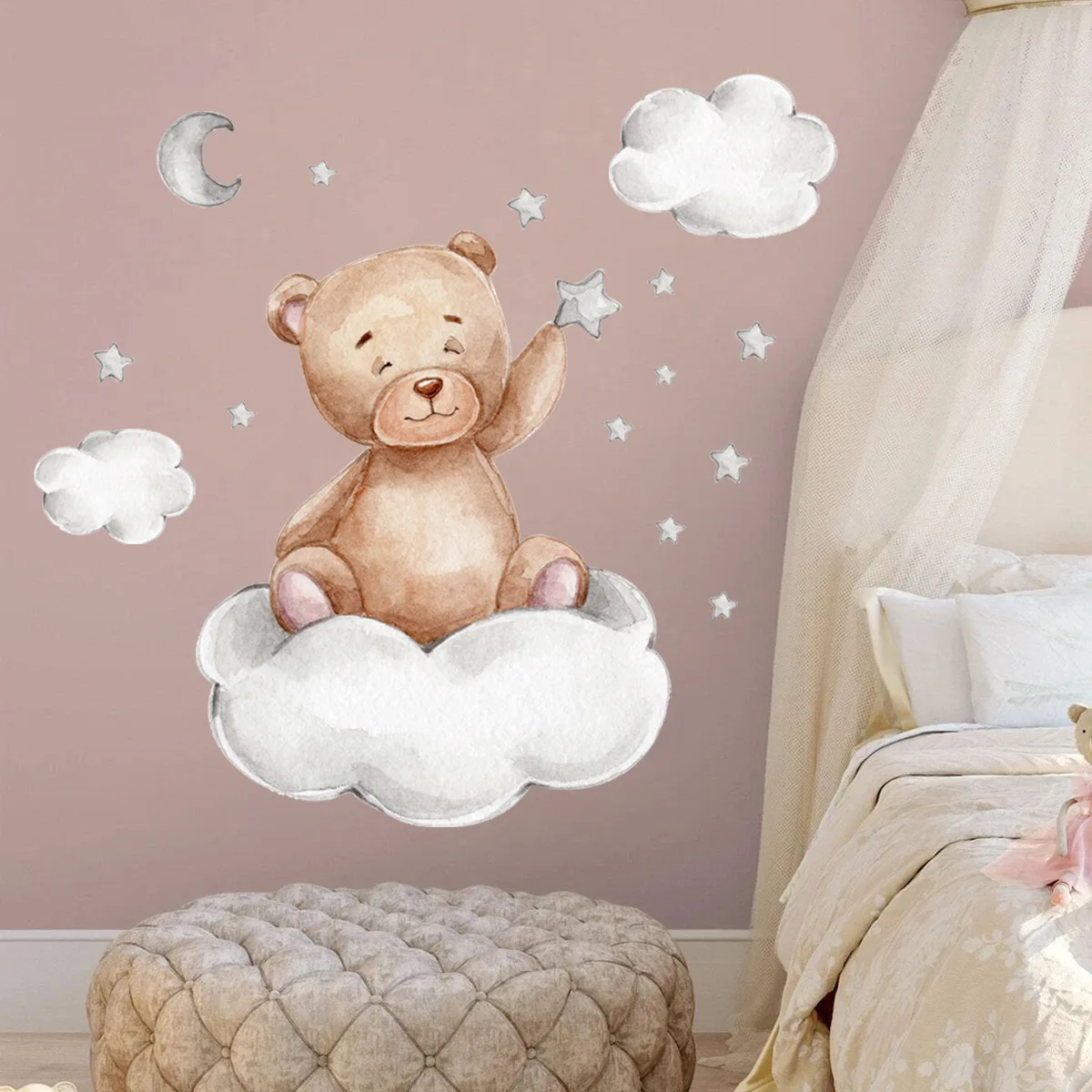 Bear Moon Clouds Stars Wall Stickers Bedroom For Baby Kids Room Background Home Decoration Living Room Wallpaper Nursery Sticker