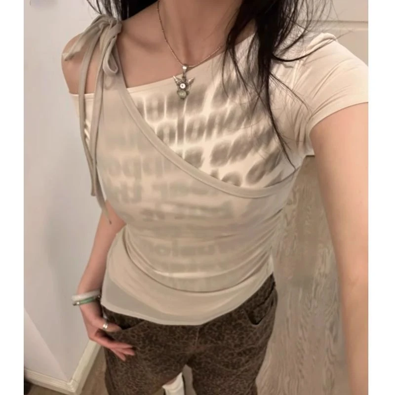 

HOUZHOU Harajuku Vintage Y2k T-shirt Women Grunge Slanted Collar False Two-piece T-shirts American Retro Slim Short Sleeve Tees