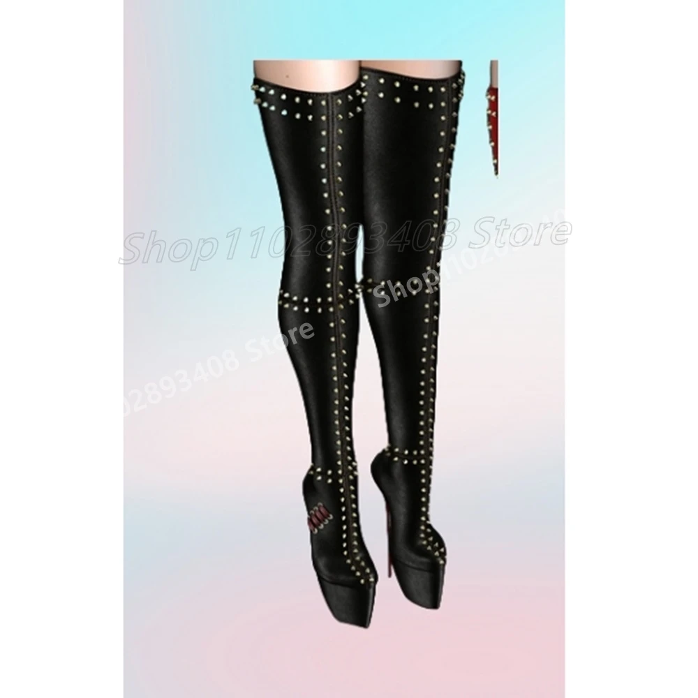 Black Metal Rivets Over the Knee Boots Cross Tied Platform Stiletto High Heel Fashion Sexy Women Shoes 2025 Autumn Para Mujere