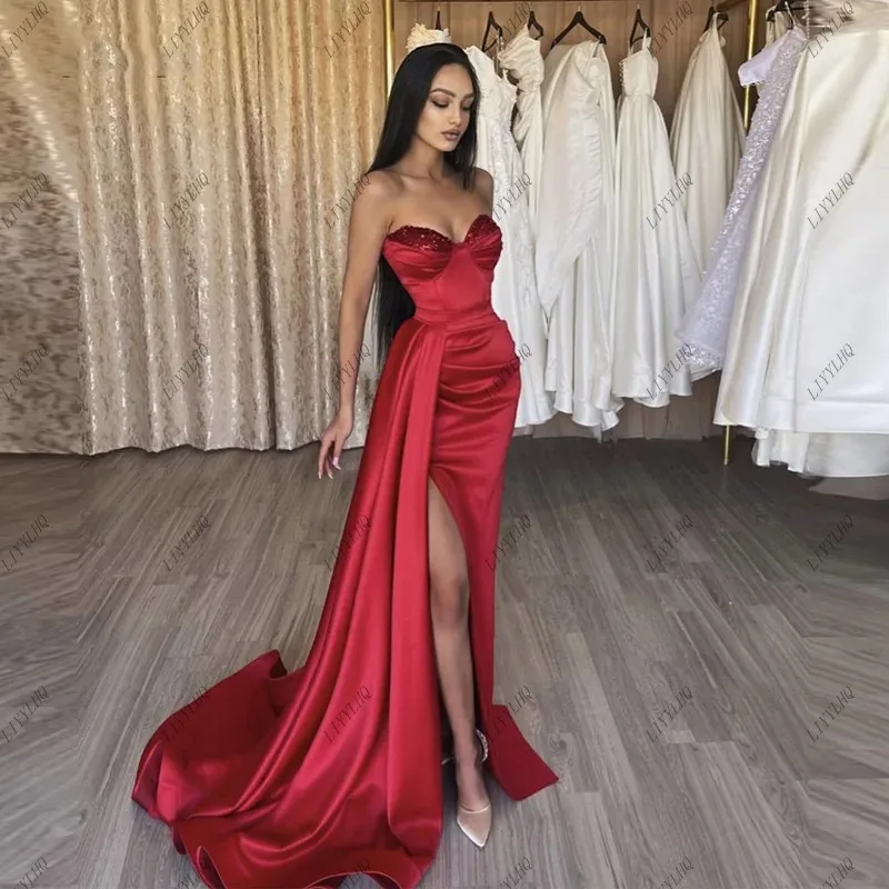 

LIYYLHQ Sheath Mermaid Long Evening Dresses Sweetheart Beads Side Slit Floor Length Party Prom Gowns For Women Formal Long Train