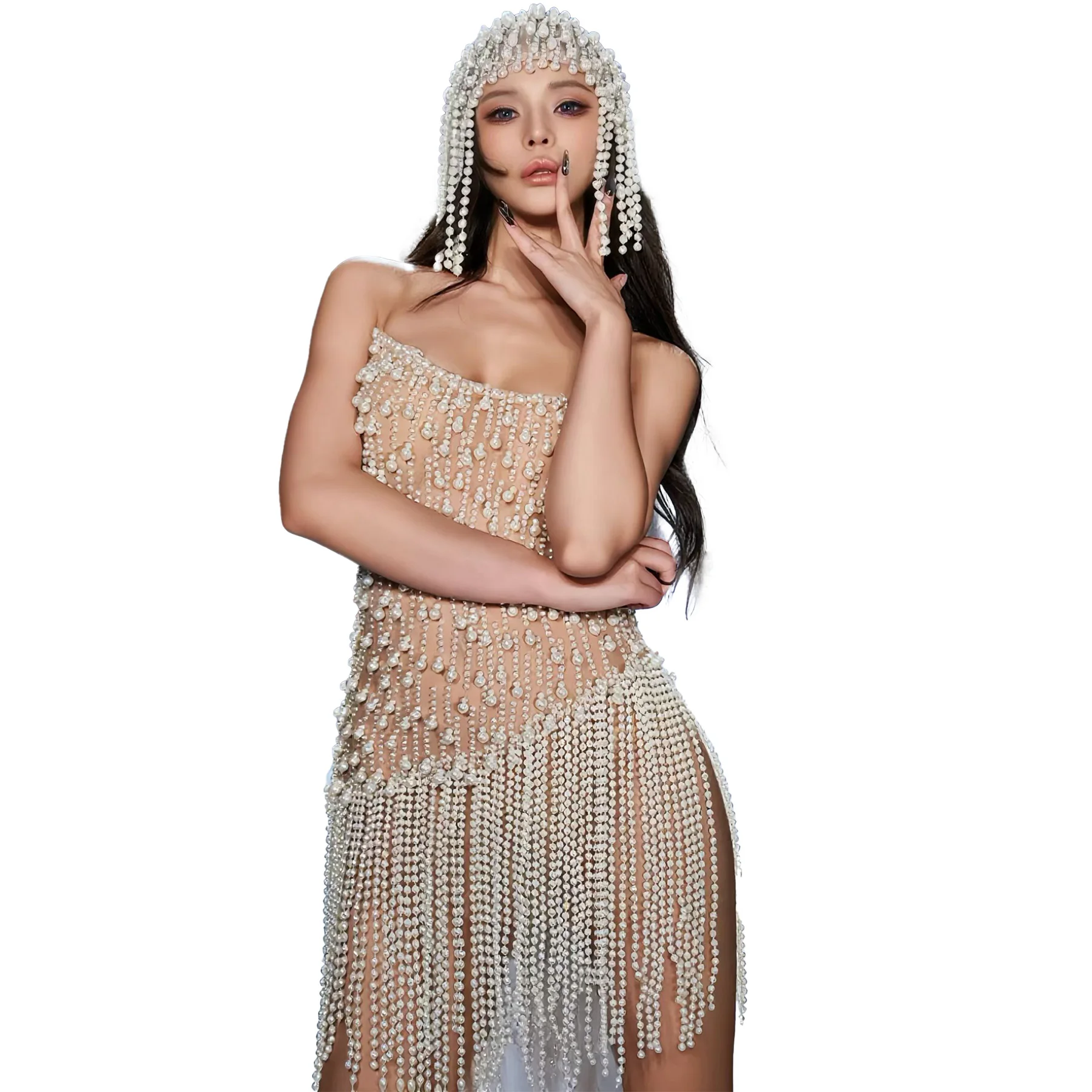 فستان Zhusanjiao أنيق بدون حمالات لؤلؤي مثير ومنظور شبكي وشرابة فستان أداء للحفلات الراقصة وأعياد الميلاد وحفلات الكوكتيل وأعياد الميلاد #6