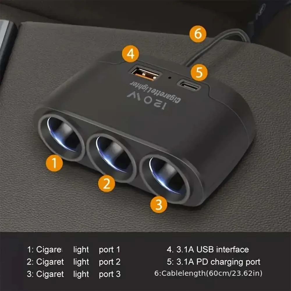 120W Car Charger Splitter Multi Ports PD30W QC3.0 Cigarette Lighter Adapter Car Cigarette Lighter Socket Splitter with Switch