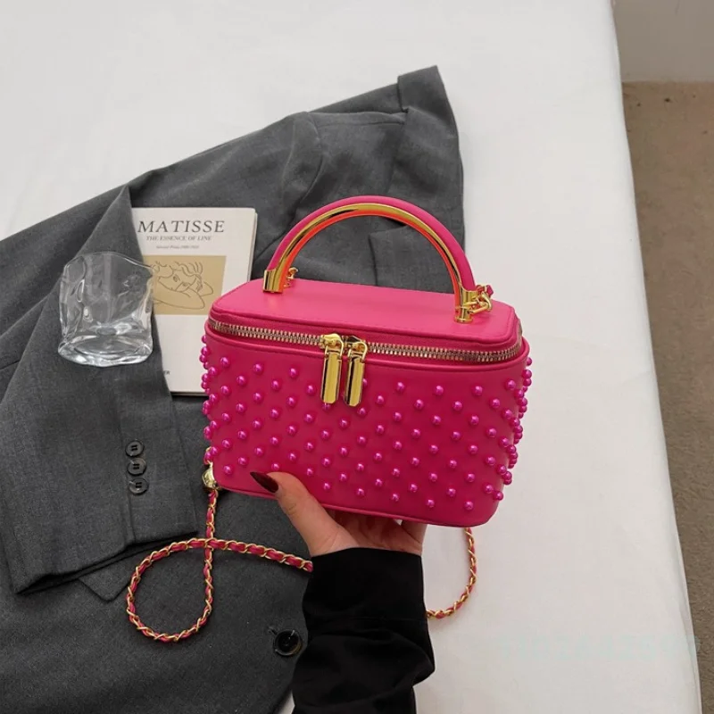 2026 New Women's Handbag Fashion High Quality Pearl Small Square Bag Solid Color Versatile Multi Functional Girl Crossbody Bag