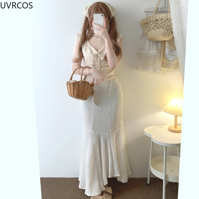 Summer Sweet Lolita Style ruffles Lace Camis Tops Women Button bandage Kawaii Crop Tanks Cute Slim Vest Girls Aesthetic Clothes