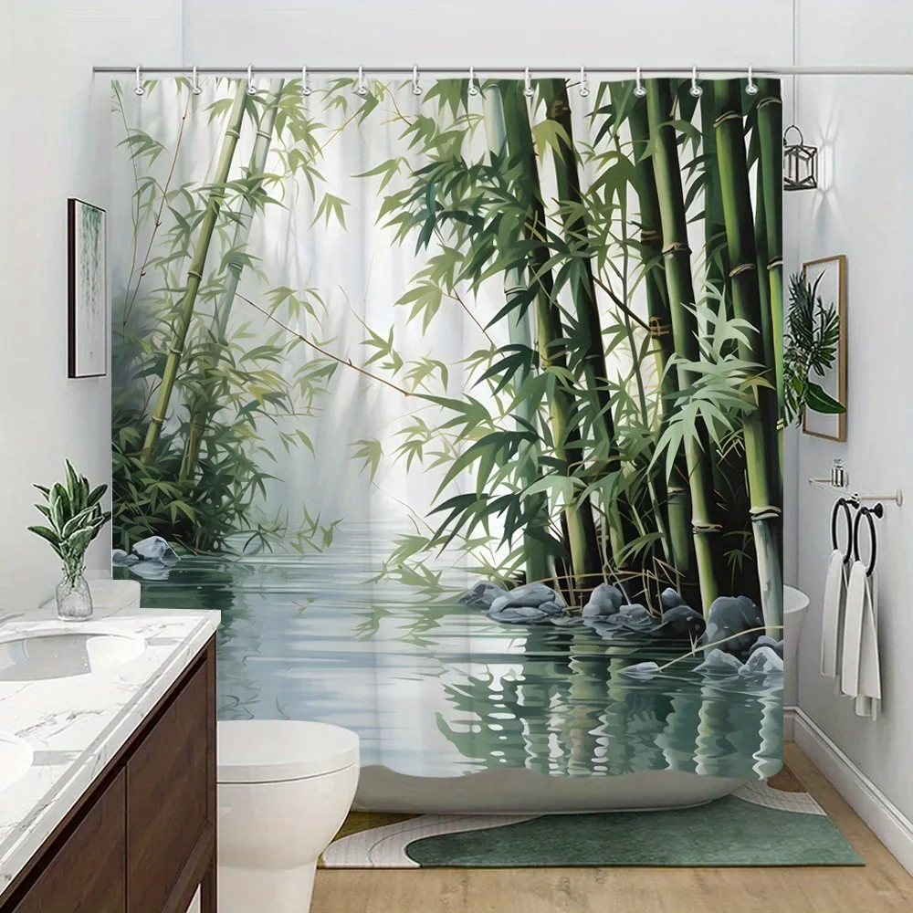 1pc Serene Bamboo Forest Shower Curtain, Tall Bamboo Stalks Reflecting on Calm River, Misty Fog and Gray Rocks, Tranquil Nature-