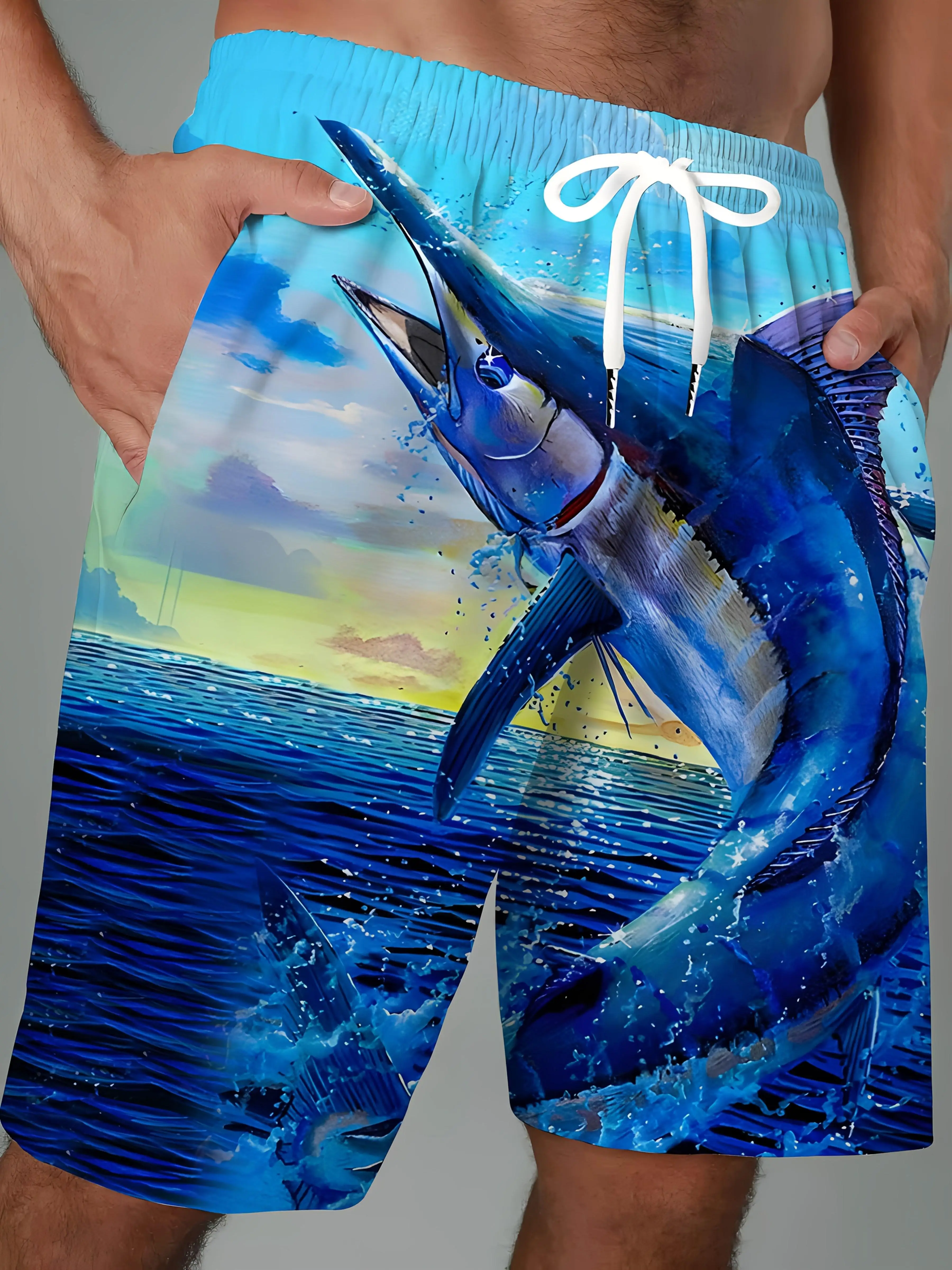 Men's Gradient Shark Print Beach Shorts Drawstring Waist Quick Dry Casual Swim Trunk  2026