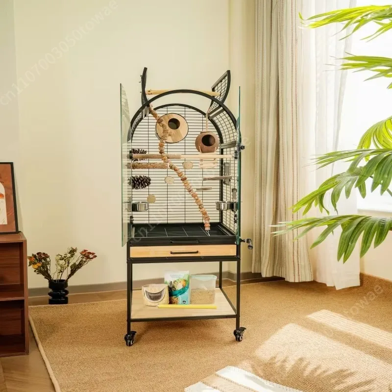 Factory Solid Wood Bird Cage Does Not Take Up Space for Home Parrots Large Luxury Villa Transparent Glass Bird Cage