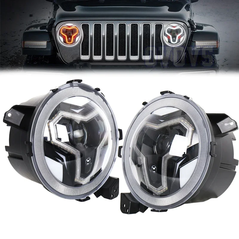 

2PC 9inch LED Headlight with white halo hi-low beam plug in play For Jeep Wrangler JL 2018 2019 Car Front Led Headlight Assembly