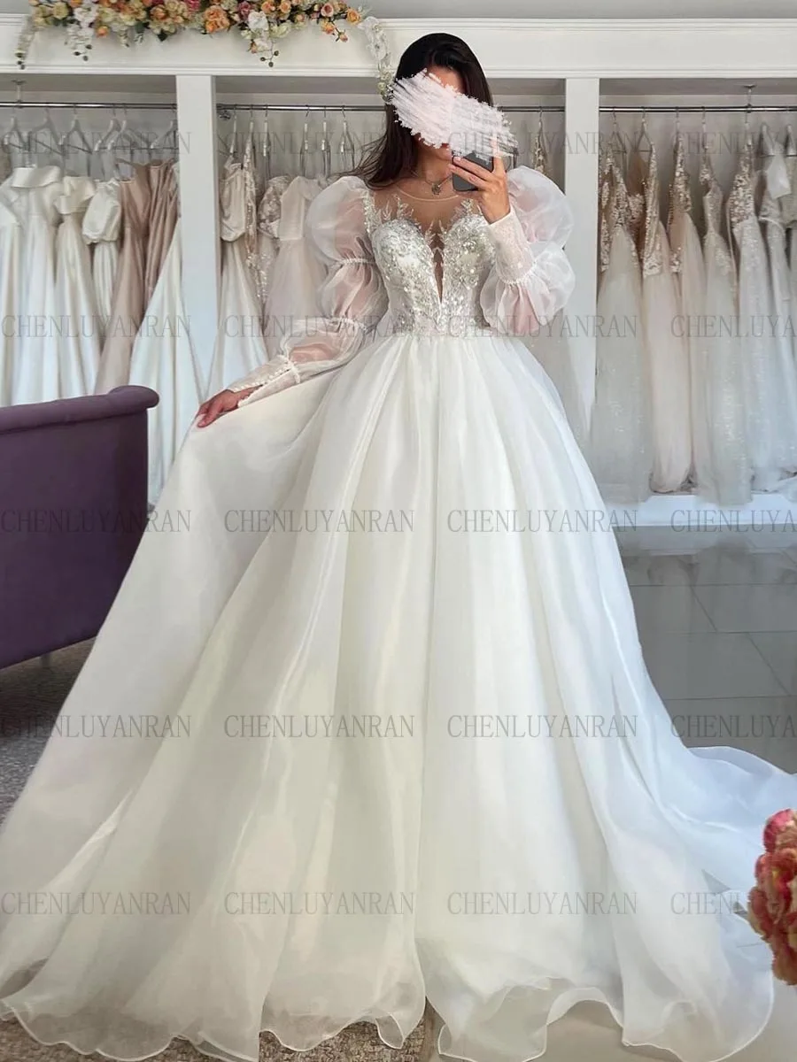 

Organza Applique Wedding Dresses Puff Sleeves Long Bride Dresses A-Line V-Neck Ivory Sexy Dresses For Women 2023 Robe De Mariée