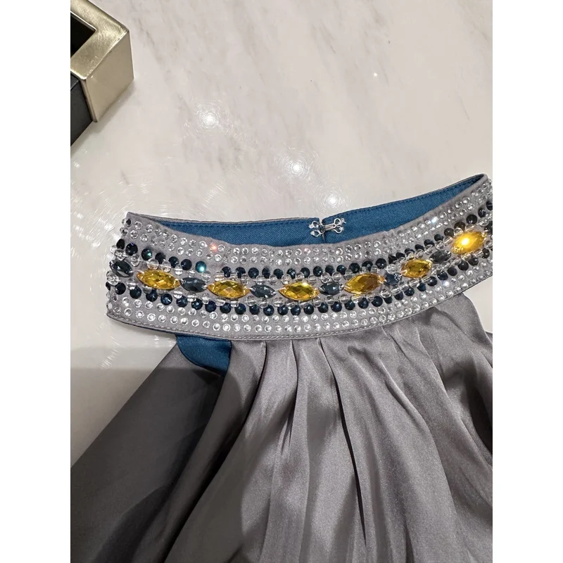 

Элегантное синее атласное платье с вышивкой, драпировкой и бисером, винтажное, модное, женское, для свиданий и повседневной носки