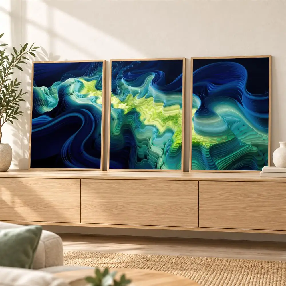 Blue Green Flowing Abstract Waves Painting Calligraphy 3 Piece Canvas Poster Wall Art for Living Room Bedroom Office Home Decor