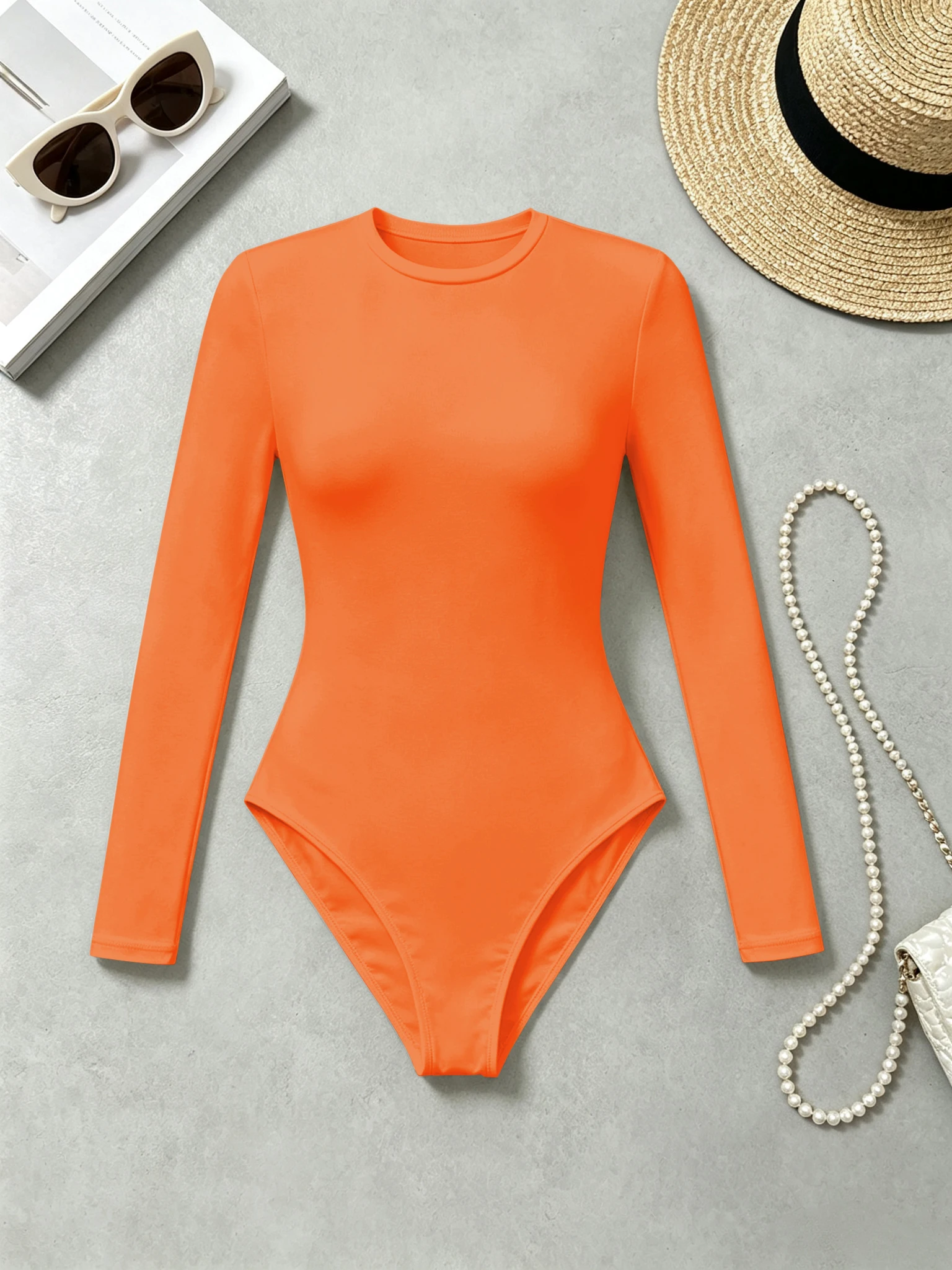 Damen-Bodysuit mit Rundhalsausschnitt und Langen Ärmeln, Schlanke Passform, Hochelastisch, Einfarbiger Casual-Jumpsuit für den Alltag – Detail 11