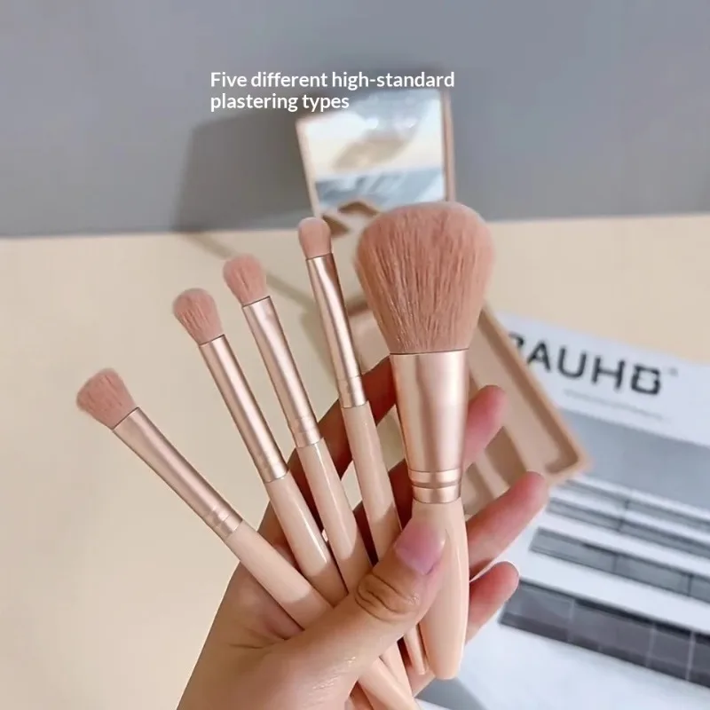 5Pcs Mini Travel Makeup Brush Set with Mirror Multifunctional Soft Cosmetic Brushes Portable Daily Outdoor Makeup Tool Kit