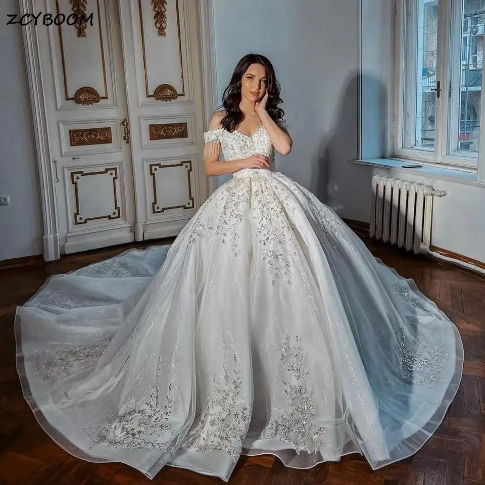 Customized Luxury Shiny Sequined Ball Gown Wedding Dresses 2024 Sweetheart Dubai Princess Beaded Bridal Gowns Vestido De Noiva