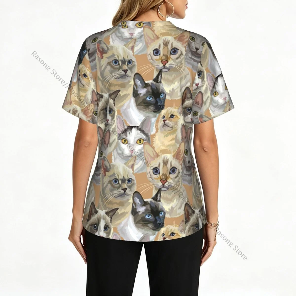 Women's Scrub Tops Short Sleeve Workwear Shirts Fitness Nursing Uniform Cats Breeds Portraits Pullover Doctor Nursing Shirt