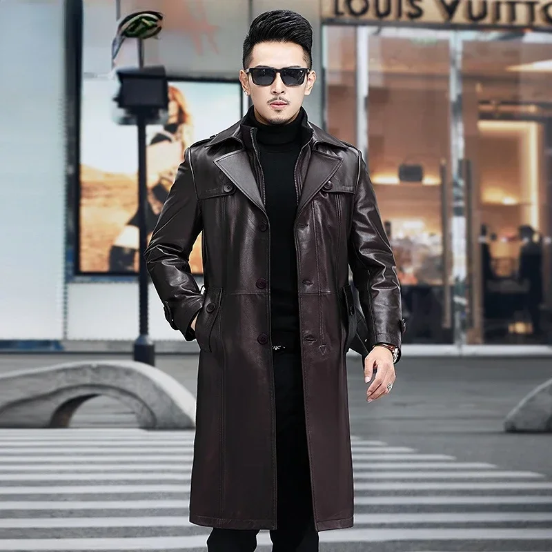 High-end New Genuine Leather Men's Suit Collar Cowhide Overcoat Knee Length Casual Plush Eco-leather Trench Coat Chaquetas FCY