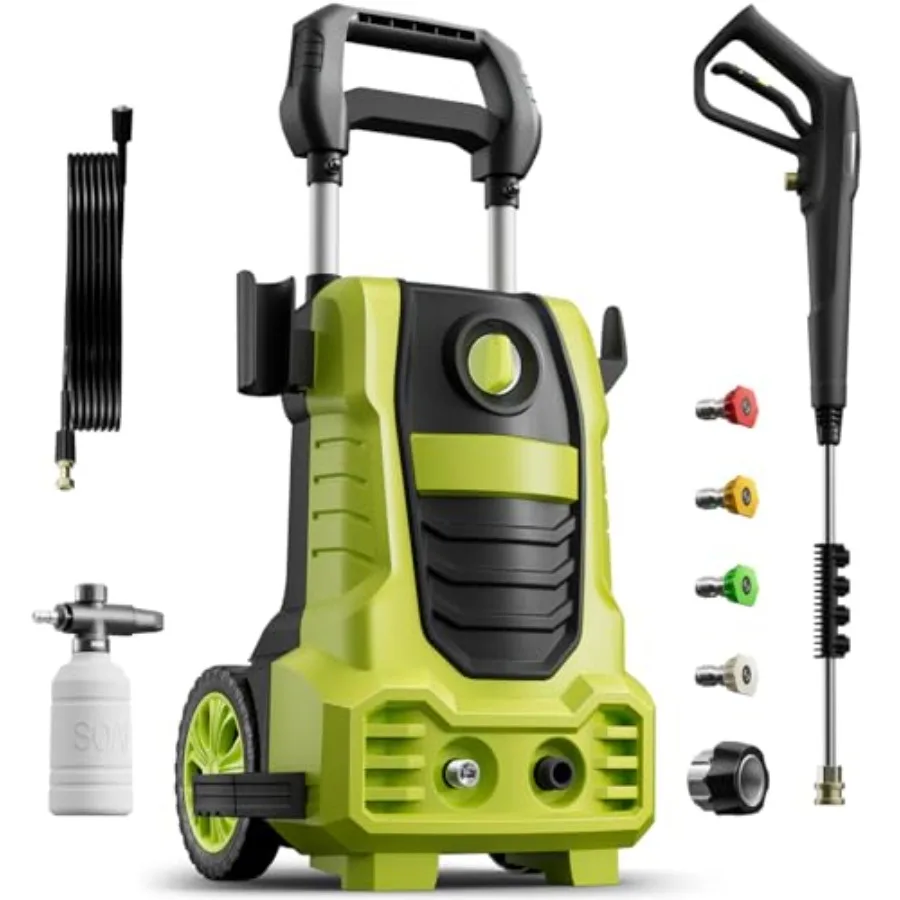 

Электрическая мойка высокого давления с шлангом 26 футов, 2030 PSI, 4 насадки, мятно-зеленый цвет, улучшенный поворотный соединитель для автомобилей, заборов, патио, поверхностей