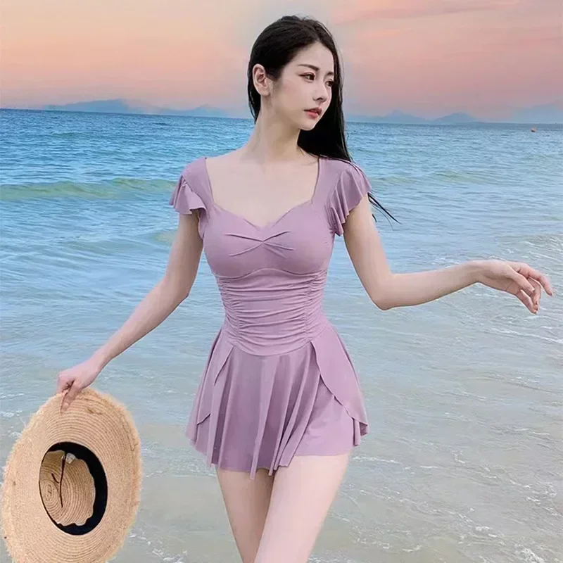 Women Korean Slim High Waisted One Piece Swimsuit Beach Style Mini Dress Slight Stretch Bathing Suit Sexy Dress