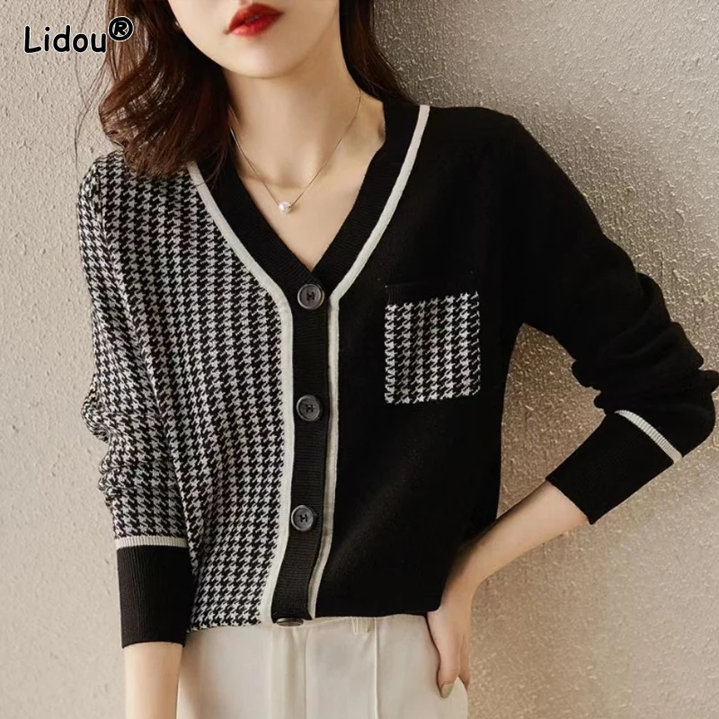 Vêtements patchwork vintage pour femmes, poches boutonnées, col en V, optique, pulls avec LatejGraphic, automne, hiver, 2022