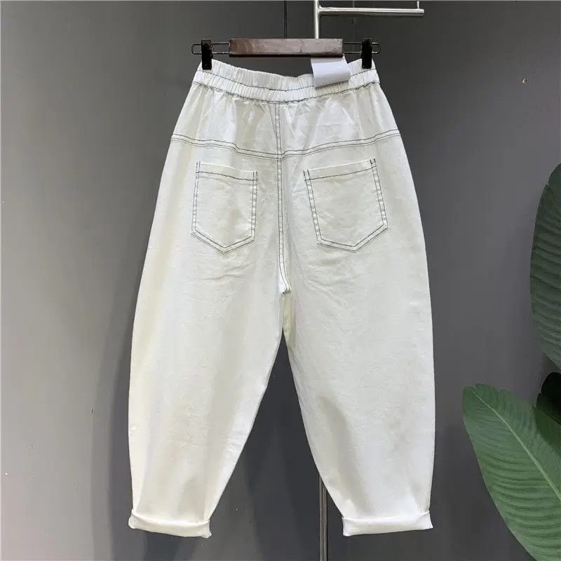 Jeans da papà Hip-hop bianchi donna 2023 tasca trapuntata allentata sottile che copre carne Harem pantaloni larghi Bloomers Jeans da donna