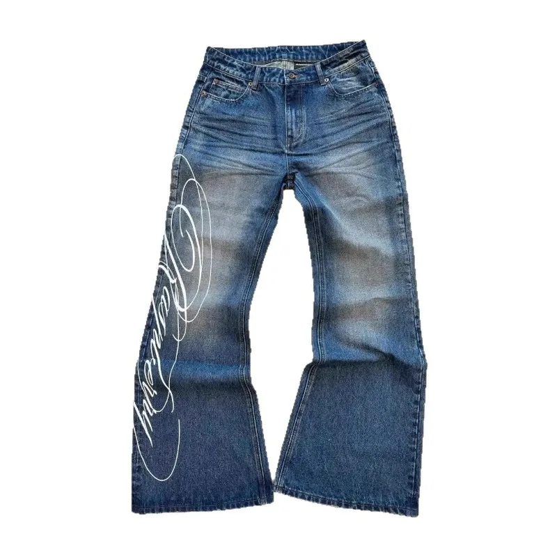 Deeptown Mavi Mektup Grafik Baskı Kot Kadın Harajuku Vintage Yıkanmış Geniş Bacak Düz Kot Pantolon Baggy Hip Hop streetwear
