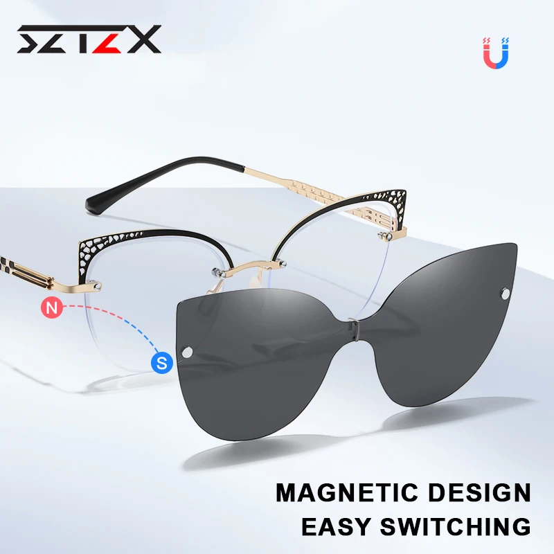 SZTZX Rimless Metal Cat Eye Magnet Clip On Reading Glasses Women Hyperopia Myopia Prescription Glasses with Polarized Sunglasses