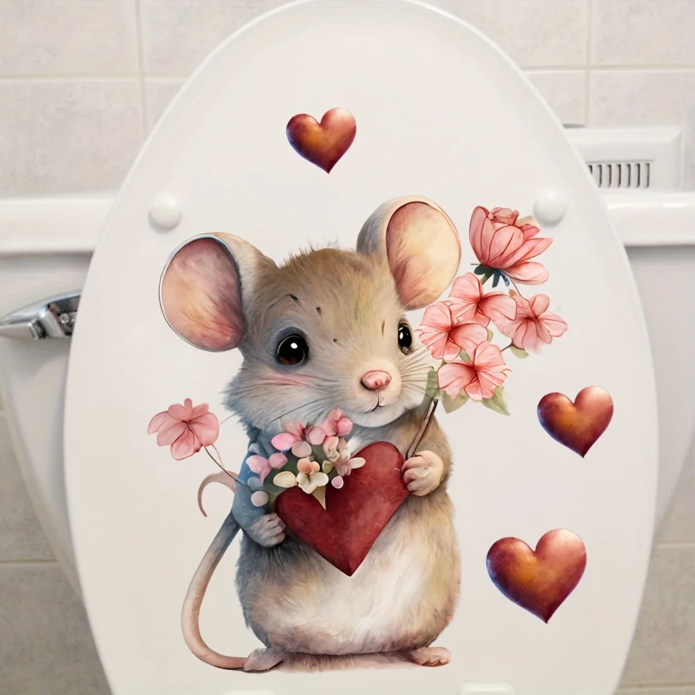 Mouse With Heart Flowers Wall Sticker Bathroom Toilet Decor Living Room Cabinet Refrigerator Home Decoration Decals M812