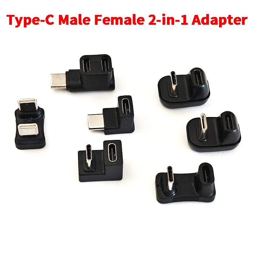 180 Degree U-shaped USB2.0 Type C Male to Female Vertical 1 to 2 Adapter USB-C Charging Data Converter 1pcs