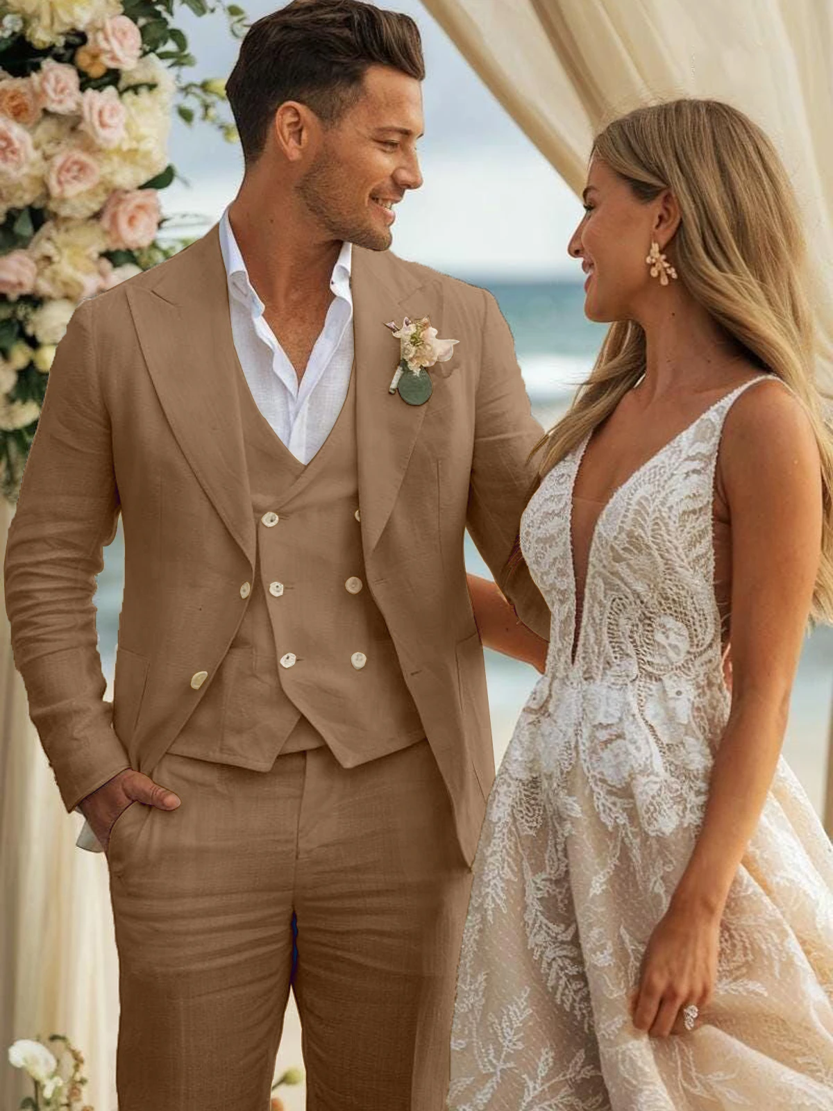 Summer Linen Wedding Suits for Men Slim Fit Peaked Lapel Solid TuxedoTrajes Para Hombre Terno Masculino Costume Homme Men Suits