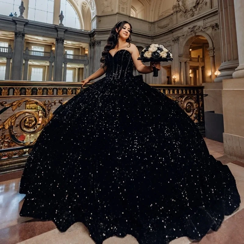 

Black Shiny Off Shoulder Quinceanera Dresses Sequined Girls Sweet 16 Dress Birthday Party Gown Vestido 15 De Años