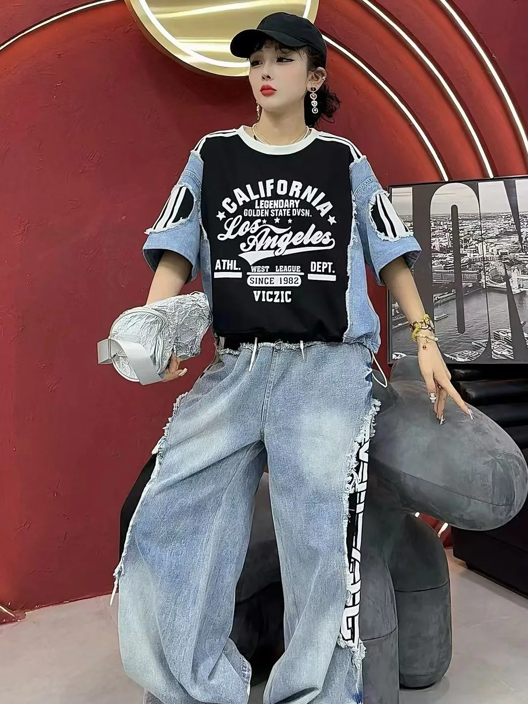 Casual Summer Women's Outfit T-Shirt And Jeans Set Letter Print Splicing Loose Long Pants Drawstring Cotton Denim Ensemble view 4