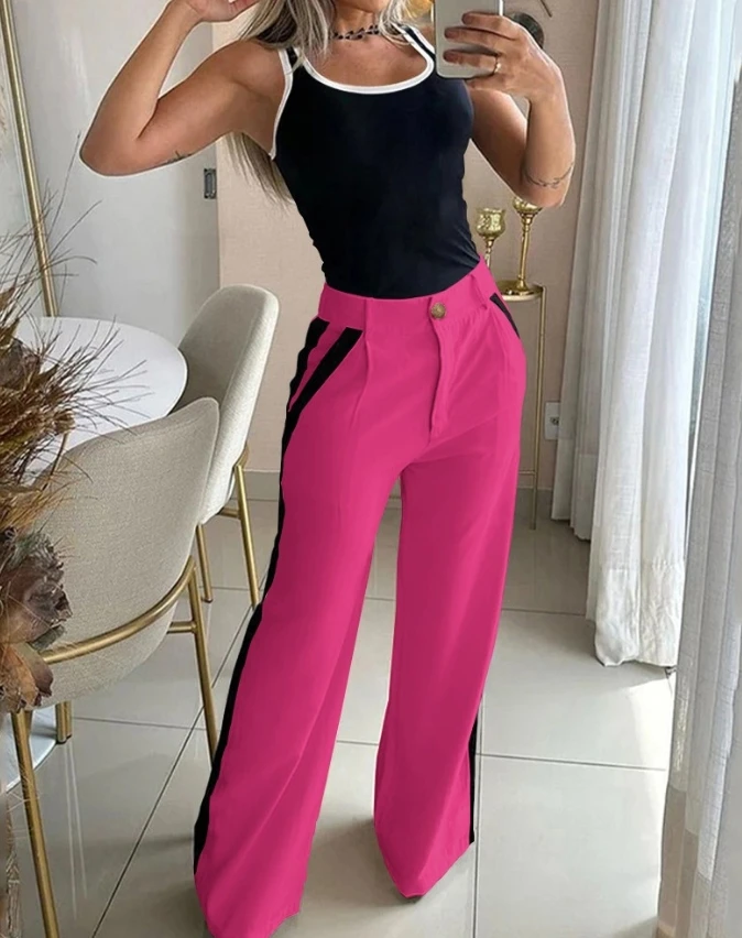 Women's Fashion Suits 2024 Spring Summer Latest Sports Style U-Neck Contrast Binding Sleeveless Tank Top & Striped Pants Set