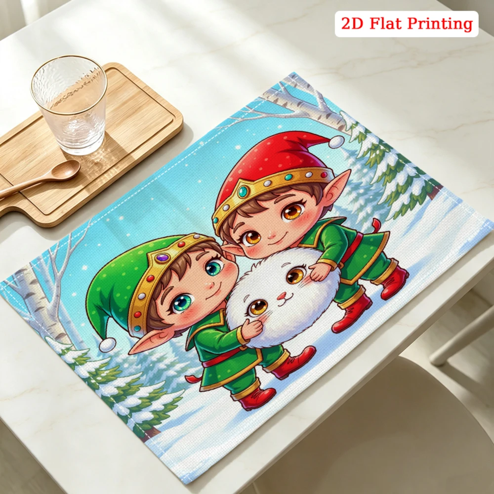 Two Elves Holding White Rabbit Kitchen Placemat Coaster Linen Pad Dish Coffee Cup Table Mat 30x40cm Home Decor