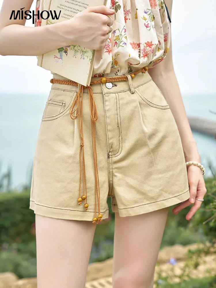 

MISHOW Women's Denim Shorts Summer 2024 Loose Fit 100 Cotton Wide Leg Pants Pockets Embroidered Flower Short Pants MXD26K0707