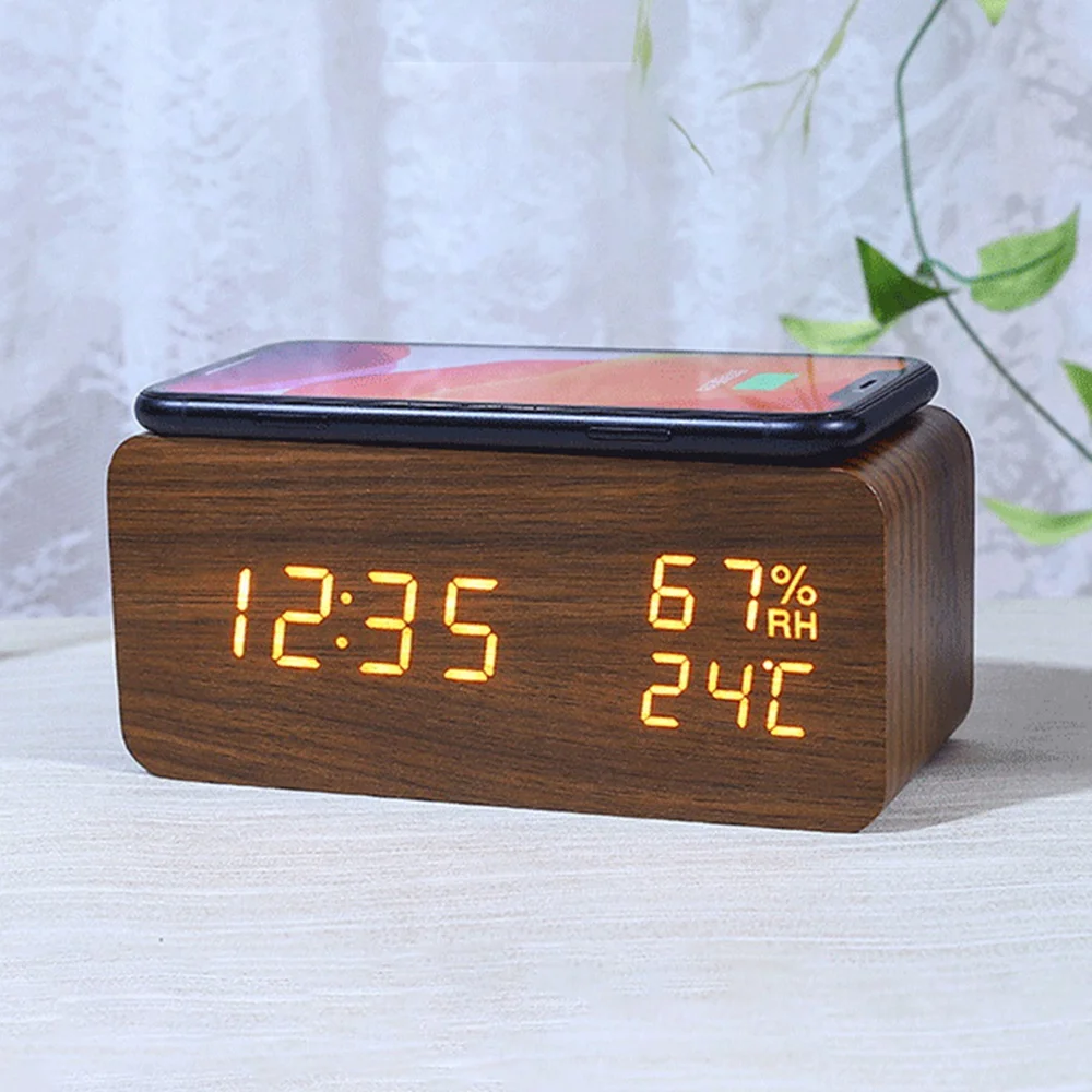 Digital Alarm Clock, Temperature and Humidity Alarm Clock LED Electronic Clock Smartphone Wireless Charger (White)