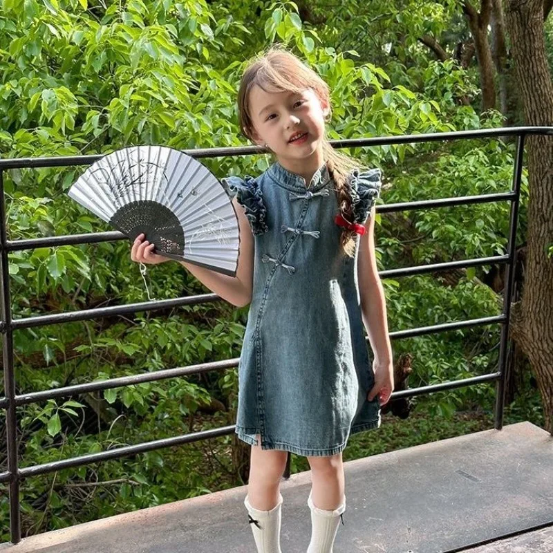 Chinese Summer Dress Girls Cheongsam 2026 Dress New Childrens Hanfu Summer Chinese Girls Cowboy Skirt Premium