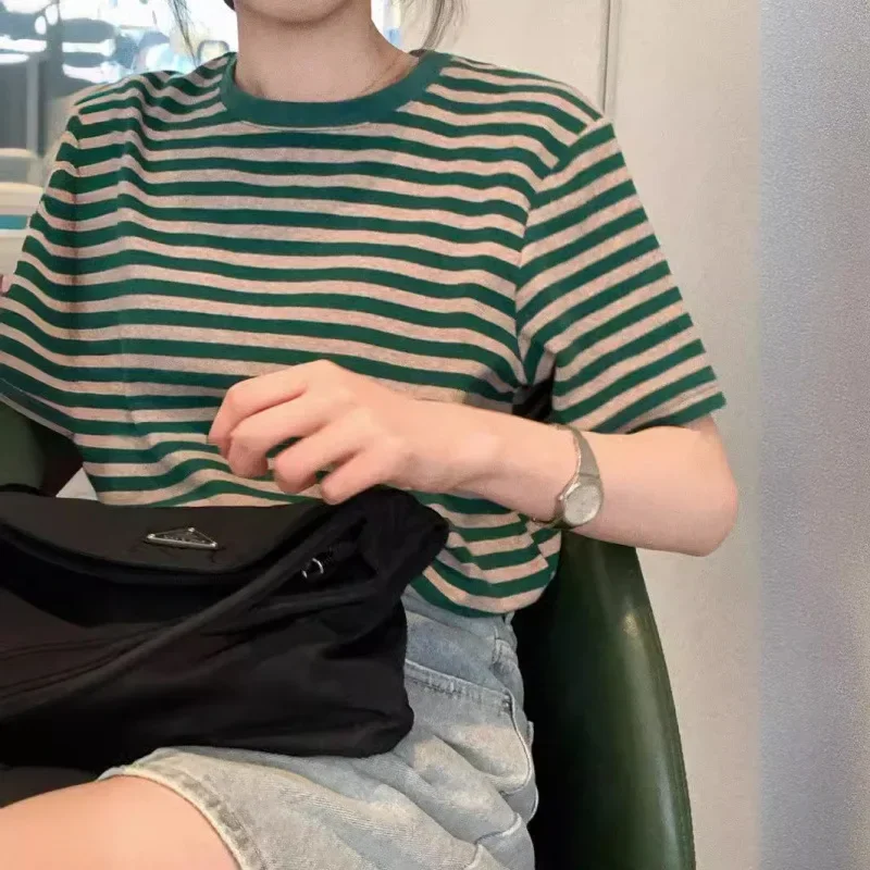 PopPopSummer Hot Sale Of The Season Women's Loose Fit Cotton Striped Short Sleeve T-Shirt Crew Neck Round Neck Top Fashion Trend
