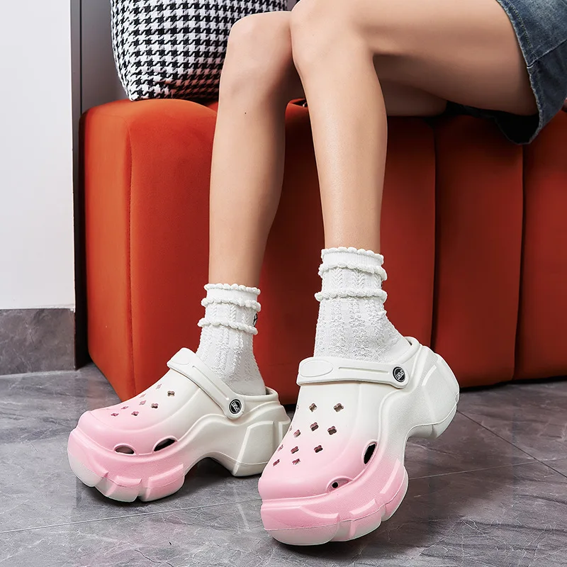 Girls Fashion Clogs Gradient Color Platform Slippers 2 Way Wear Height Increasing Sandal Summer Shoes Woman Beach Street Slides